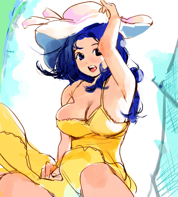 igarashi mangou, original, 1girl, arm up, blue hair, breasts, cleavage, dress, female focus, hat, large breasts, long hair, open mouth, sketch, solo, yellow dress