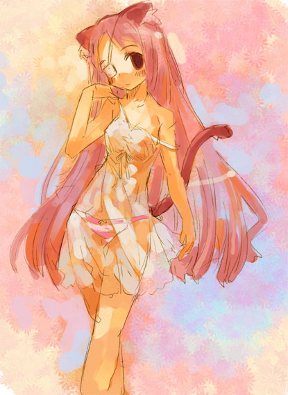 momiji mao, 1girl, animal ears, cat ears, cat tail, chemise, eyepatch, female focus, long hair, no bra, panties, pink hair, pink panties, see-through clothes, solo, standing, strap slip, striped clothes, striped panties, tail, thigh gap, thighs, underwear, very long hair