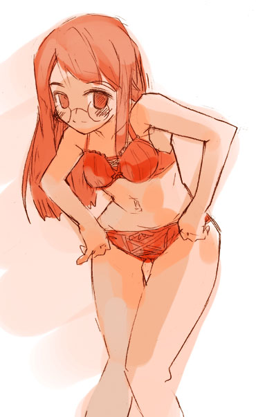 momiji mao, 1girl, blush, bra, female focus, glasses, hand on own hip, hip focus, leaning forward, lingerie, long hair, panties, red bra, red eyes, red hair, red panties, red theme, solo, standing, thigh gap, thighs, underwear, underwear only, wide hips