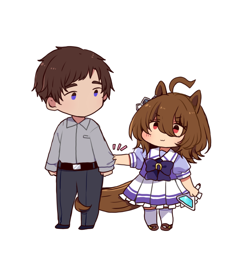chiyakobu, agnes tachyon (umamusume), trainer (umamusume), umamusume, 1boy, 1girl, ahoge, bow, bowtie, brown eyes, brown hair, chibi, chibi only, clothes pull, emphasis lines, full body, grey pants, grey shirt, hair between eyes, horse girl, looking at another, pants, pelt, puffy short sleeves, puffy sleeves, purple bow, purple bowtie, school uniform, shirt, shirt pull, short hair, short sleeves, simple background, socks, tracen school uniform, white background, white socks