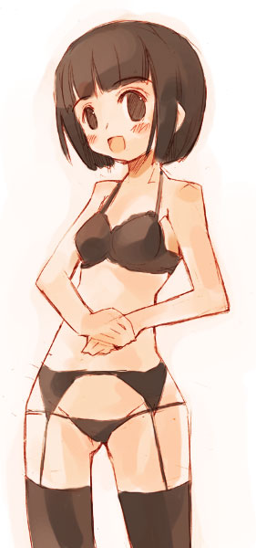 momiji mao, 1girl, black bra, black eyes, black hair, black panties, black theme, black thighhighs, blush, bra, female focus, garter belt, lingerie, lowleg, lowleg panties, panties, solo, standing, thighhighs, underwear, underwear only