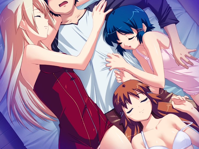 kawata hisashi, fushimi yukari, lisa vixen, yuasa satsuki, routes, game cg, 3girls, bed, from above, multiple girls, sleeping