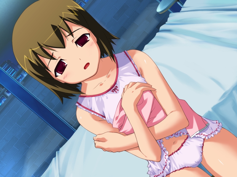 kawata hisashi, tatsuta nanami, routes, game cg, 1girl, bed, female focus, holding shirt, holding unworn clothes, shirt, solo, unworn shirt