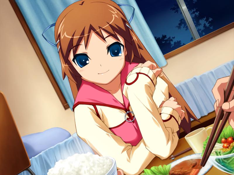 kawata hisashi, yuasa satsuki, routes, game cg, 1girl, blue eyes, bowl, brown hair, chopsticks, curtains, female focus, food, hair ornament, long hair, looking at viewer, rice, smile, solo, window