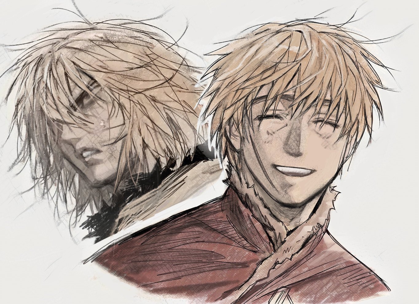 flrrrrr222222, thorfinn, vinland saga, 2boys, age progression, blonde hair, brown jacket, capelet, closed eyes, facial scar, fur-trimmed capelet, fur-trimmed jacket, fur trim, furrowed brow, hair between eyes, jacket, laughing, male focus, medium hair, messy hair, multiple boys, open mouth, parted lips, scar, scar on cheek, scar on face, short hair, smile, solo, upper body, white background