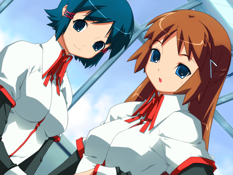 kawata hisashi, fushimi yukari, yuasa satsuki, routes, game cg, 2girls, :o, blue eyes, blue hair, blue sky, brown hair, collared shirt, day, dutch angle, hair ornament, hair ribbon, hairclip, indoors, long sleeves, looking at viewer, multiple girls, parted lips, ribbon, school uniform, shirt, sky, smile, upper body, white shirt, window