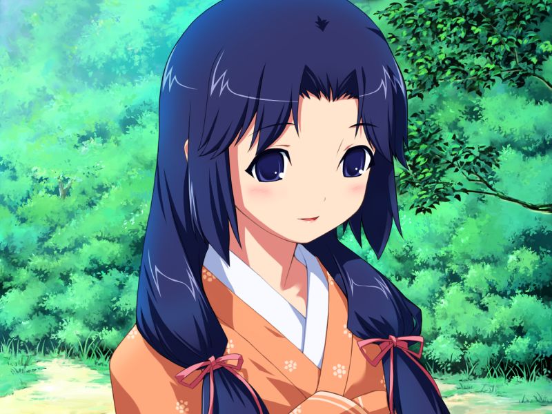 kawata hisashi, sakuya (routes), routes, game cg, 1girl, black eyes, black hair, blush, day, female focus, grass, hair over shoulder, japanese clothes, kimono, long hair, low-tied long hair, outdoors, smile, solo, tree