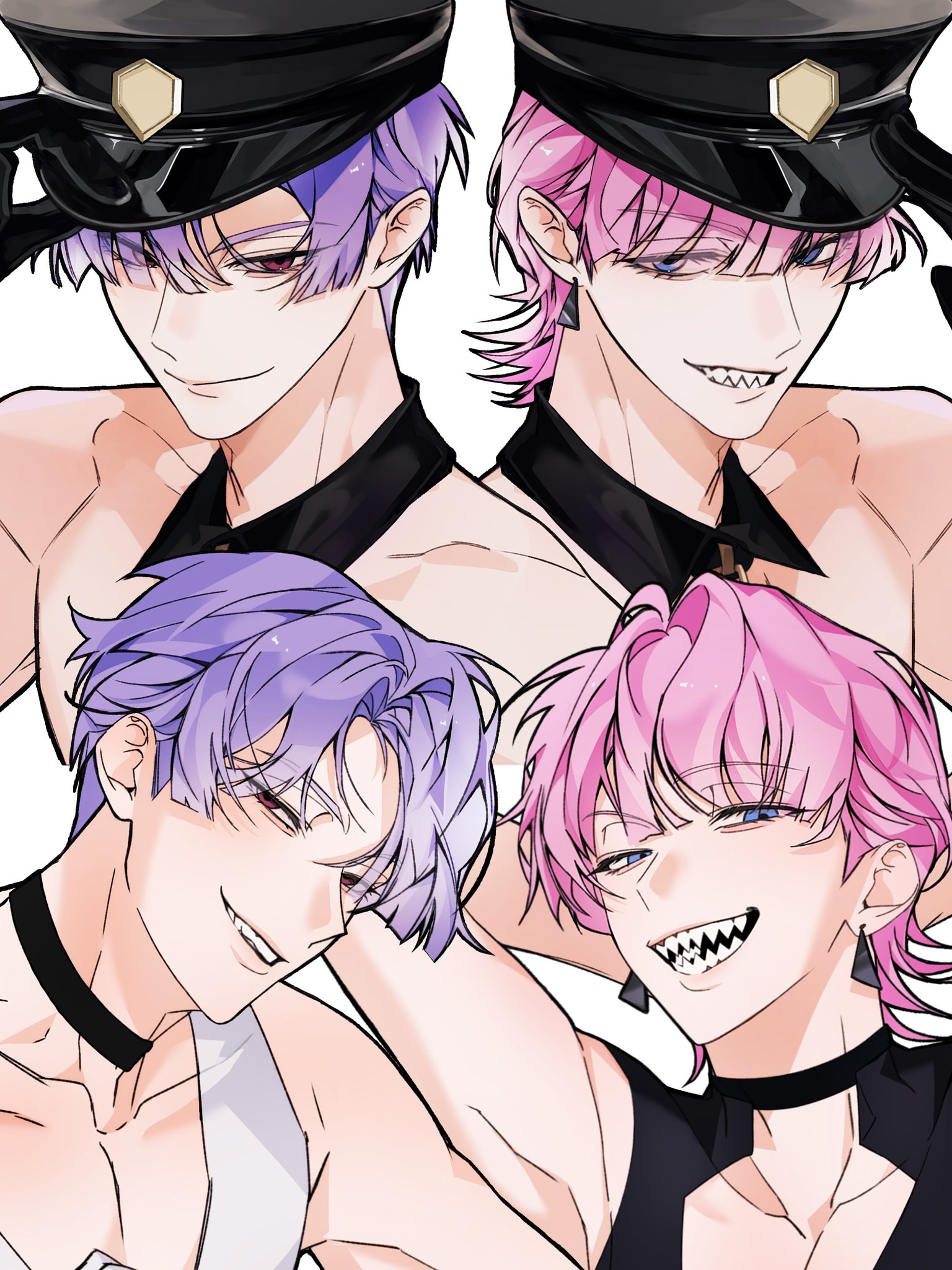 nyugi0v0, polyester (psg), polyurethane (psg), panty & stocking with garterbelt, commentary, hashtag-only commentary, highres, 2boys, arm behind head, arm up, black choker, black collar, black gloves, black hat, choker, closed mouth, clothing cutout, collar, detached collar, earrings, gloves, grin, hat, jewelry, looking to the side, male focus, multiple boys, multiple views, nude, parted hair, peaked cap, piercing, pink eyes, pink hair, purple hair, sharp teeth, short sideburns, sideways glance, smile, teeth, upper body, wing collar