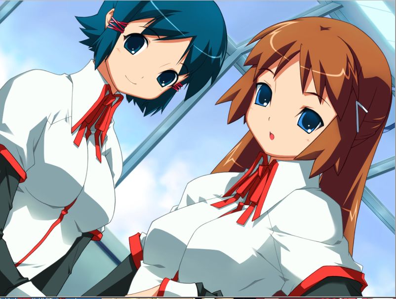 kawata hisashi, fushimi yukari, yuasa satsuki, routes, game cg, 2girls, :o, blue eyes, blue hair, blue sky, brown hair, collared shirt, day, dutch angle, hair ornament, hair ribbon, hairclip, indoors, long sleeves, looking at viewer, multiple girls, parted lips, ribbon, school uniform, shirt, sky, smile, upper body, white shirt, window