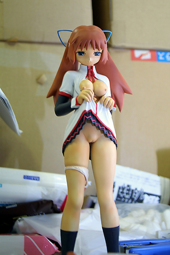 yuasa satsuki, routes, lowres, photo (medium), 1girl, breasts, clothes lift, female focus, figure, large breasts, lifting own clothes, open clothes, open shirt, panties, panties around leg, panty pull, pussy, red hair, shirt, skirt, skirt lift, solo, twintails, uncensored, underwear, white panties