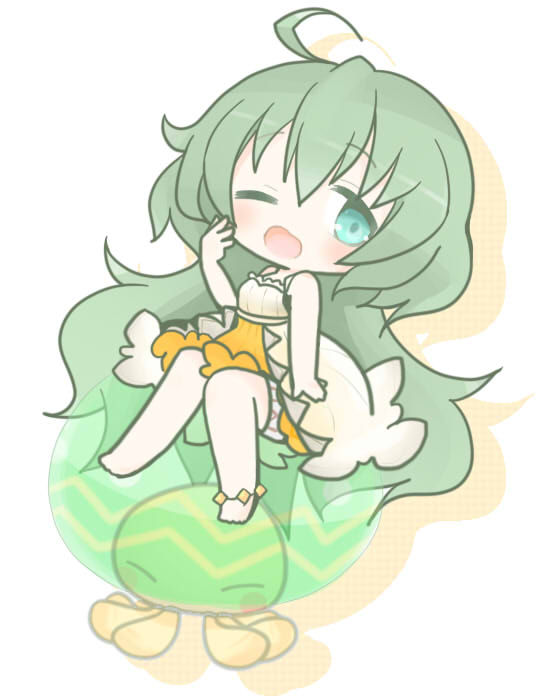 homurabi, emil chronicle online, 1girl, ahoge, anklet, bare shoulders, camisole, chibi, green eyes, green hair, jellyfish, jewelry, long hair, one eye closed, open mouth, orange skirt, poison gel alma, skirt, white camisole, yawning