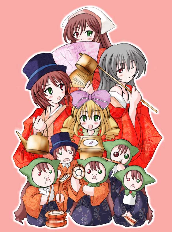 hinaichigo, jissouseki, souseiseki, suigintou, suiseiseki, rozen maiden, pot, 00s, 4girls, :d, :o, ;), blonde hair, blush, bow, bucket, chibi, chibi only, clock, covering own mouth, drum, drumsticks, floral print, flute, green eyes, green headscarf, hand fan, hat, hat bow, headscarf, heterochromia, holding, hood, instrument, japanese clothes, looking at viewer, multiple girls, one eye closed, open mouth, pink background, pink bow, simple background, smile, sweatdrop, top hat