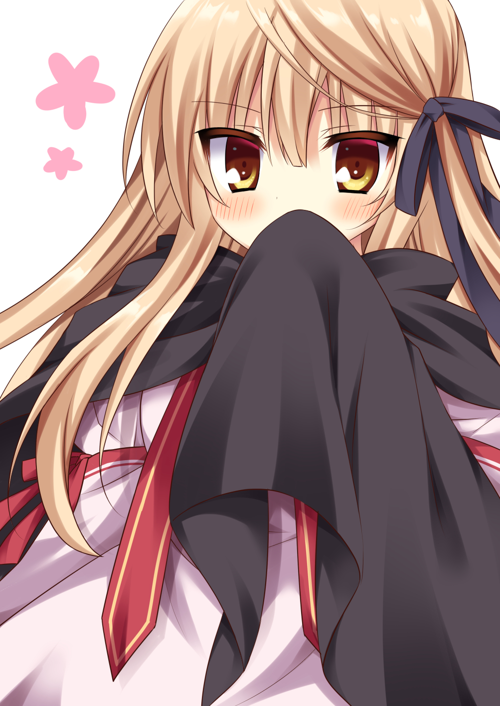 korokoro cat, senri akane, rewrite, commentary request, highres, partial commentary, 1girl, arm at side, black cape, black ribbon, blunt bangs, blush, bow, brown hair, cape, colored eyelashes, covering own mouth, dress, eyes visible through hair, hair between eyes, hair ribbon, hand up, juliet sleeves, kazamatsuri institute high school uniform, long hair, long sleeves, looking at viewer, neck ribbon, pink dress, puffy sleeves, red bow, red ribbon, ribbon, school uniform, simple background, sleeve bow, solo, straight hair, upper body, very long hair, white background, yellow eyes
