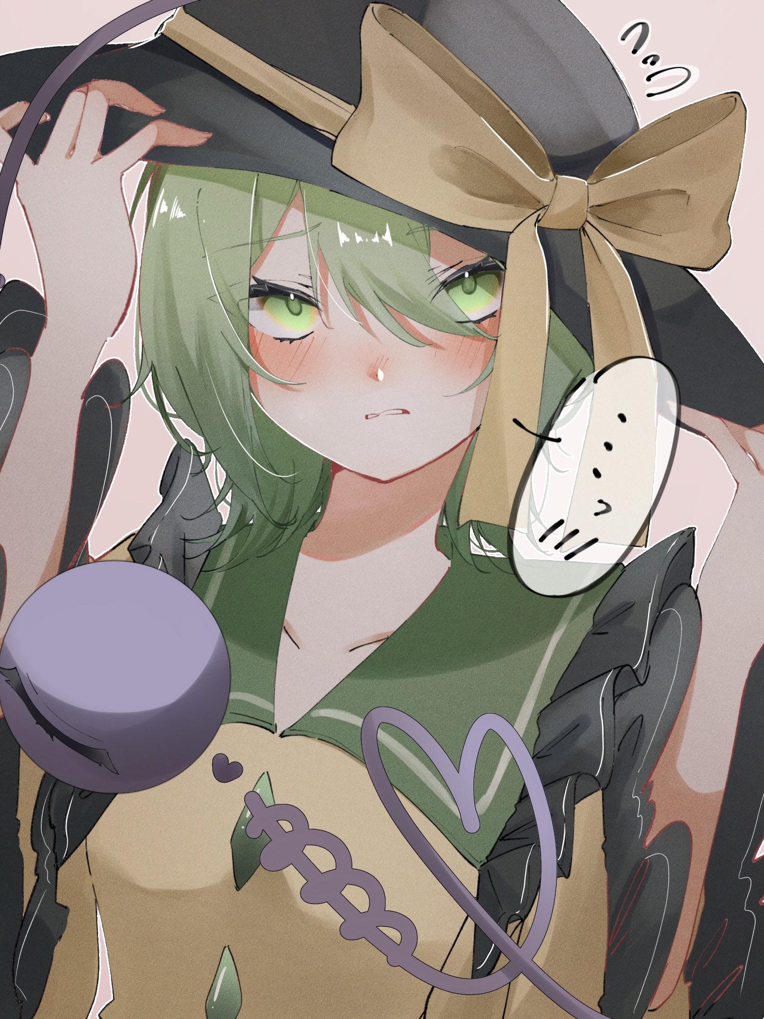 nanashi 1104, komeiji koishi, touhou, highres, …, 1girl, black hair, bow, collarbone, frilled shirt, frills, frown, green eyes, green hair, hat, hat bow, looking at viewer, shirt, solo, speech bubble, spoken ellipsis, third eye, yellow shirt