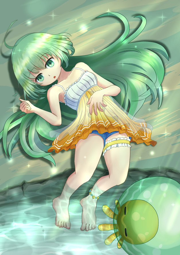 emil chronicle online, 1girl, ahoge, anklet, bare shoulders, blue pants, camisole, frilled thigh strap, green eyes, green hair, jellyfish, jewelry, long hair, lying, nyororism, open mouth, orange skirt, pants, poison gel alma, skirt, soaking feet, thigh strap, white camisole