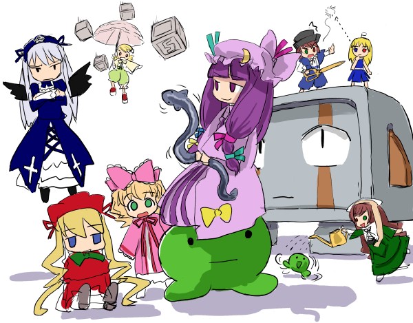balrog (cave story), hinaichigo, kanaria, patchouli knowledge, shinku, souseiseki, suigintou, suiseiseki, doukutsu monogatari, rozen maiden, touhou, 6+girls, blonde hair, bow, crossover, eel, everyone, multiple girls, parody, pink bow