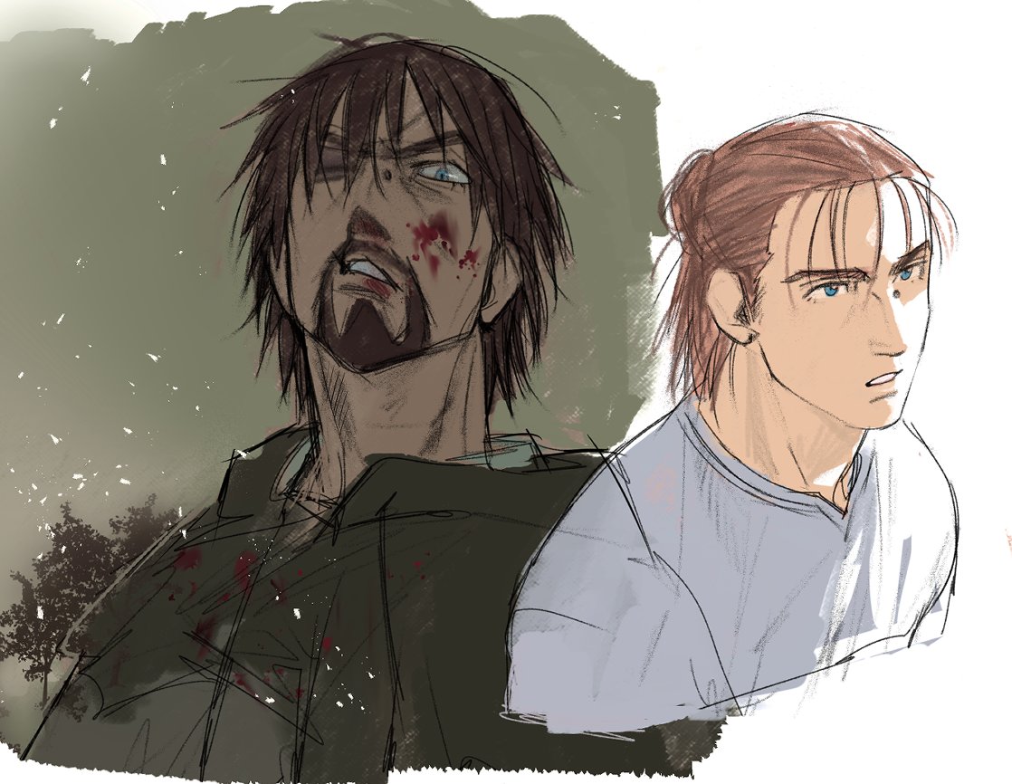 flrrrrr222222, einar, vinland saga, 1boy, beard, black jacket, blood, blood on face, blue eyes, bruise, bruised eye, cropped torso, facial hair, furrowed brow, goatee, grey shirt, hair between eyes, hair bun, injury, jacket, looking at viewer, male focus, medium hair, multiple views, one eye closed, parted lips, ponytail, shirt, short hair, sketch, solo, tree, upper body