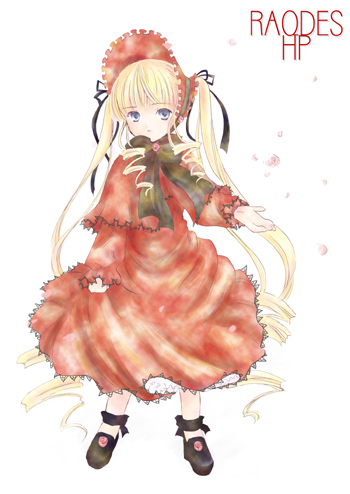 shinku, rozen maiden, lowres, 00s, 1girl, black shoes, blonde hair, blue eyes, blunt bangs, bonnet, bow, bowtie, drill hair, female focus, frills, full body, long hair, long sleeves, looking at viewer, no legwear, outstretched arm, shoes, sidelocks, simple background, solo, standing, twin drills, twintails, very long hair, white background