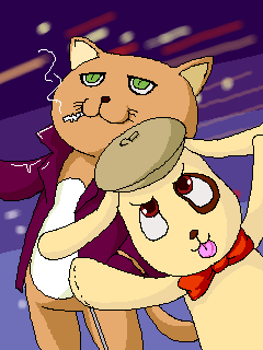 kunkun, rozen maiden, lowres, 00s, animal focus, beret, cat, cigarette, dog, green eyes, hat, jacket, no humans, outstretched arm, qvga, red eyes, simple background, smoke, smoking, standing, upper body, whiskers