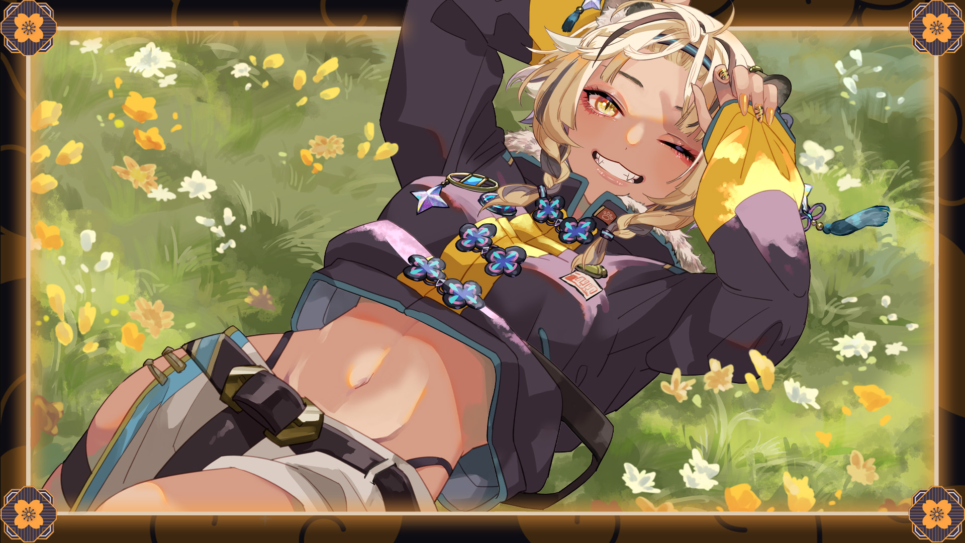 taring hu, globie, artist request, commentary, english commentary, highres, 1girl, animal ears, arms up, belt, black jacket, black panties, blonde hair, brooch, brown hair, cropped jacket, fingernails, flower, gold nails, grass, grin, groin, high collar, highleg, highleg panties, jacket, jewelry, long sleeves, lying, midriff, multicolored hair, nail polish, navel, on back, on grass, one eye closed, open collar, panties, short hair, shorts, smile, star brooch, streaked hair, tiger ears, tiger girl, underwear, virtual youtuber, yellow eyes