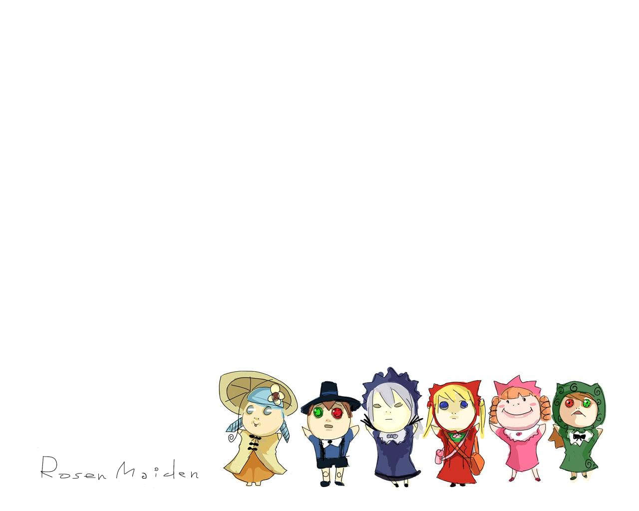 hinaichigo, kanaria, shinku, souseiseki, suigintou, suiseiseki, rozen maiden, 00s, 6+girls, arms up, bag, blonde hair, blue hair, blush, cheering, dress, everyone, green eyes, hat, multiple girls, pink dress, red dress, red eyes, simple background, smile, twintails, white background