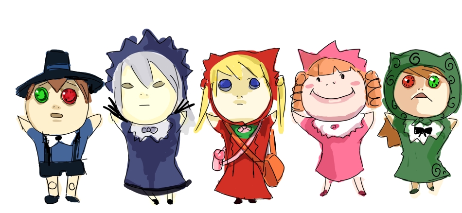 hinaichigo, shinku, souseiseki, suigintou, suiseiseki, rozen maiden, 00s, 5girls, blonde hair, chibi, everyone, long sleeves, multiple girls