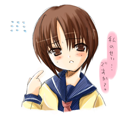 setins, kashiwaba tomoe, rozen maiden, lowres, translation request, 00s, 1girl, blue sailor collar, brown eyes, brown hair, female focus, flying sweatdrops, long sleeves, oekaki, pointing, pointing at self, sailor collar, short hair, solo, sweatdrop