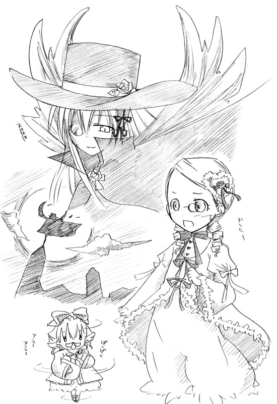 takami ryou, hinaichigo, kanaria, suigintou, rozen maiden, 00s, 3girls, bespectacled, cape, flower, glasses, greyscale, hat, looking back, monochrome, moon, multiple girls, rose, silhouette, standing, surprised, top hat, wings