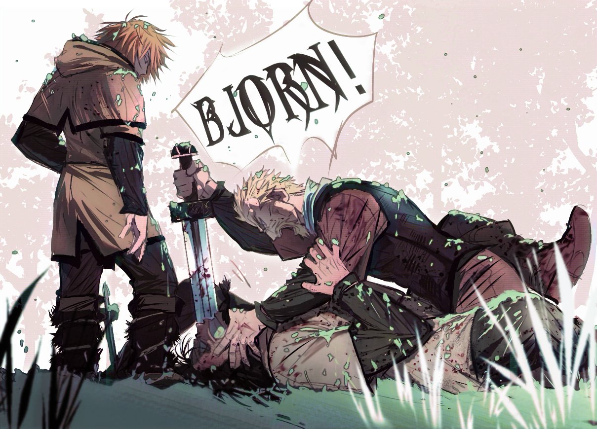 flrrrrr222222, askeladd, bjorn (vinland saga), thorfinn, vinland saga, 3boys, beard, black hair, black pantyhose, black shirt, black vest, blonde hair, boots, brown boots, brown capelet, brown jacket, brown shirt, capelet, character name, english text, facial hair, fur-trimmed capelet, fur boots, fur trim, furrowed brow, goatee, grass, hand on another's arm, hand on another's neck, holding, holding sword, holding weapon, jacket, looking at another, male focus, mature male, multiple boys, open mouth, pantyhose, planted, planted sword, planted weapon, shirt, short hair, shouting, sword, vest, viking, weapon, white eyes