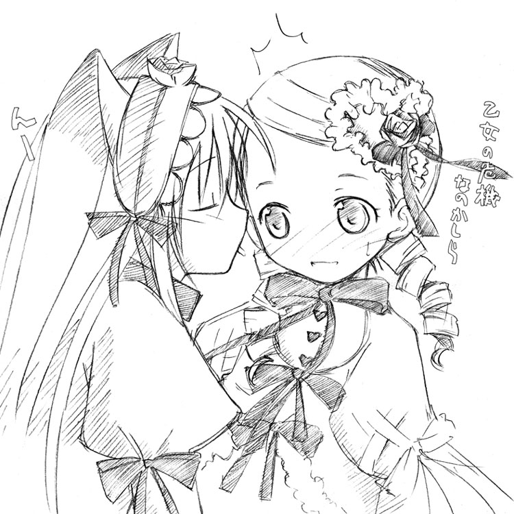takami ryou, kanaria, suigintou, rozen maiden, 00s, 2girls, animal ears, cat ears, greyscale, monochrome, multiple girls