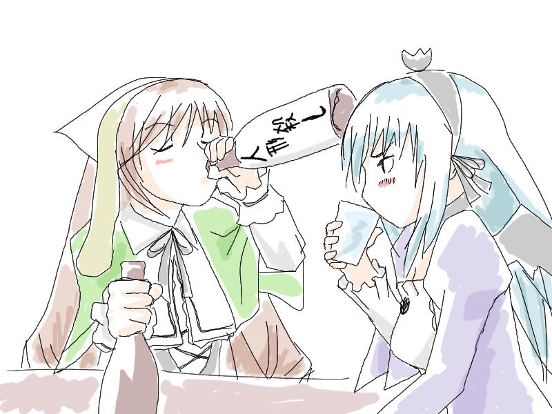 suigintou, suiseiseki, rozen maiden, 00s, 2girls, alcohol, blush, bottle, drinking, drunk, hairband, headscarf, multiple girls, sitting, sketch, table, white headscarf