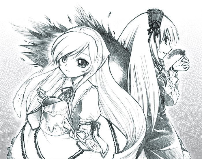 suigintou, suiseiseki, rozen maiden, 00s, 2girls, black wings, blue theme, feathers, heterochromia, monochrome, multiple girls, watering can, wings