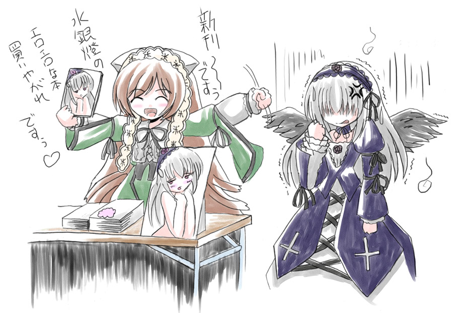 imai kazunari, suigintou, suiseiseki, rozen maiden, silver hair, translated, 00s, 2girls, ^ ^, angry, blush, brown hair, clenched hand, closed eyes, cross, dress, flower, gothic lolita, hair over eyes, hairband, happy, hat, headscarf, heterochromia, inverted cross, latin cross, lolita fashion, lolita hairband, long hair, multiple girls, open mouth, rose, table, very long hair, white headscarf, wings