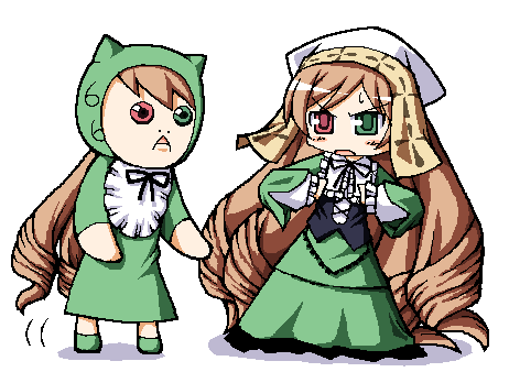jissouseki, suiseiseki, rozen maiden, lowres, 00s, 2girls, headscarf, heterochromia, long hair, long sleeves, multiple girls, white headscarf