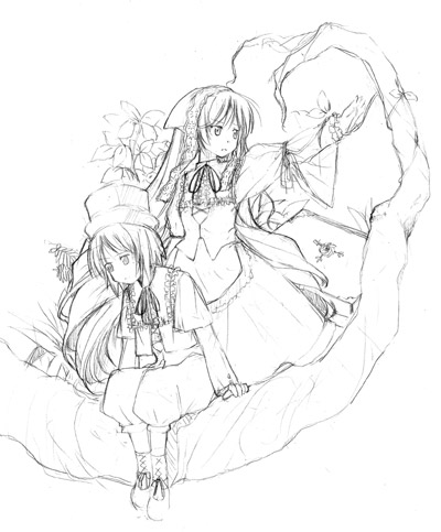 souseiseki, suiseiseki, rozen maiden, lowres, 00s, 2girls, greyscale, heterochromia, monochrome, multiple girls, siblings, sisters, twins
