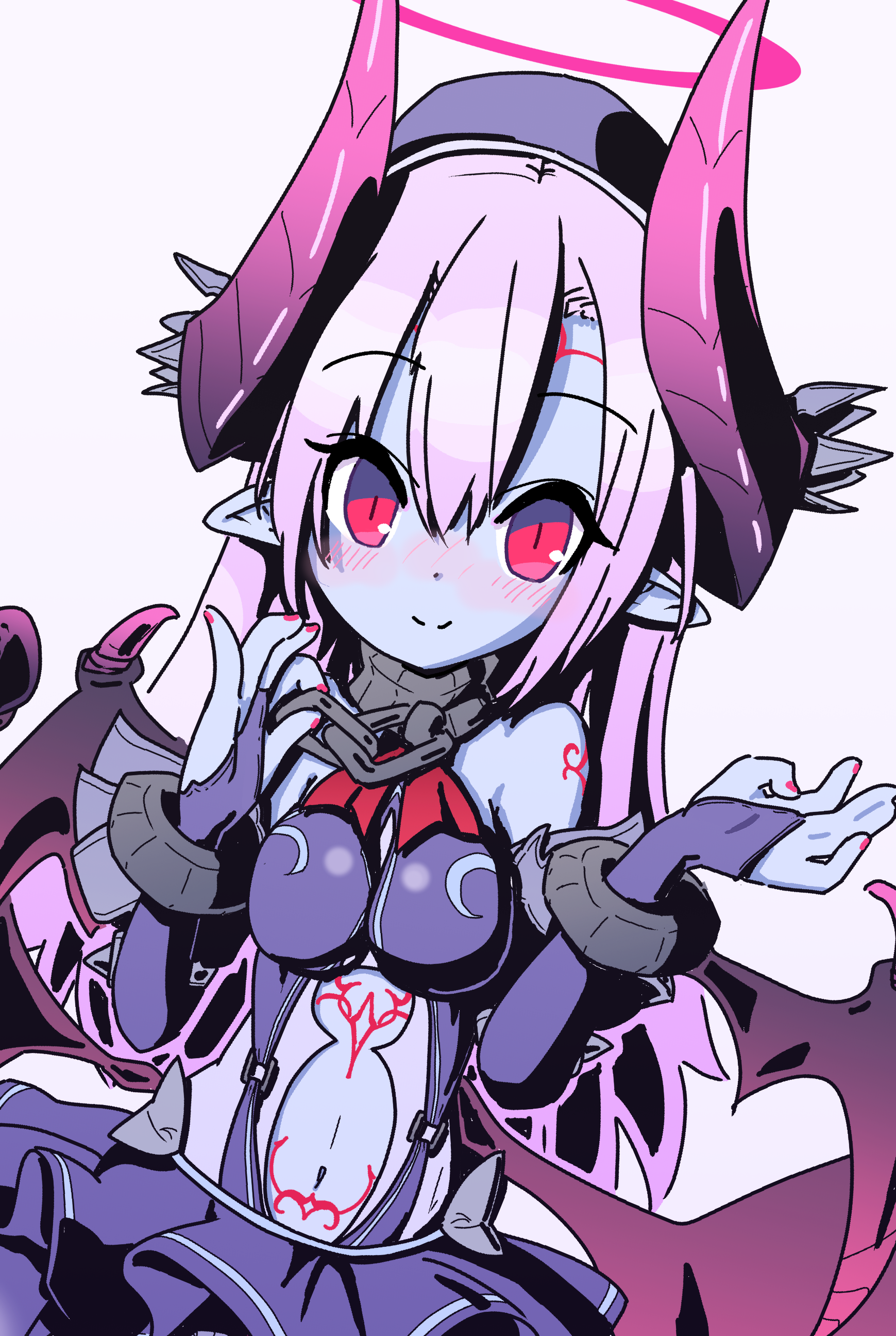 emil chronicle online, absurdres, highres, 1girl, asmodeus (eco), bare shoulders, beret, blue dress, blue gloves, blue hat, blue leotard, blue skin, blush, breasts, chain, cleavage, clothing cutout, colored skin, demon girl, demon horns, demon wings, dress, elbow gloves, frolyflow2, gloves, halo, hat, horns, large breasts, leotard, long hair, navel, navel cutout, neck ribbon, pink hair, pink halo, pointy ears, red eyes, red ribbon, ribbon, solo, white background, wings