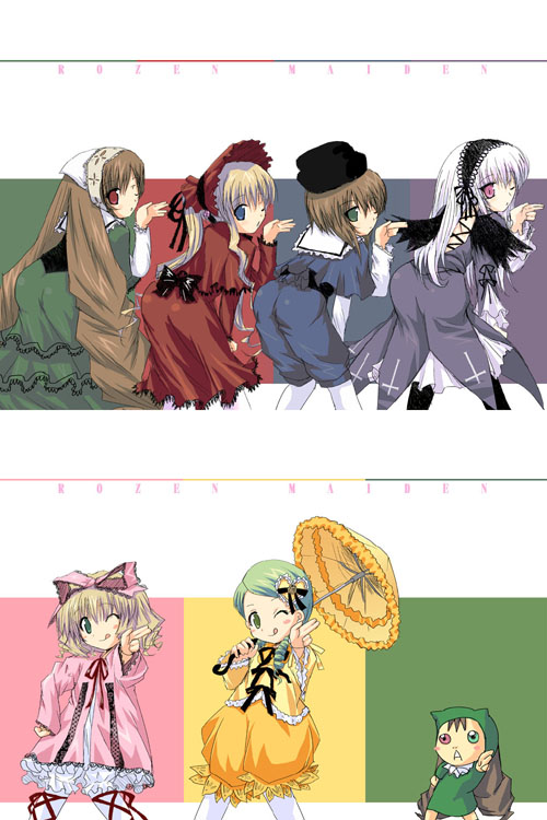 hinaichigo, kanaria, shinku, souseiseki, suigintou, suiseiseki, jinki, rozen maiden, 6+girls, blonde hair, bow, heterochromia, multiple girls, parody, pink bow