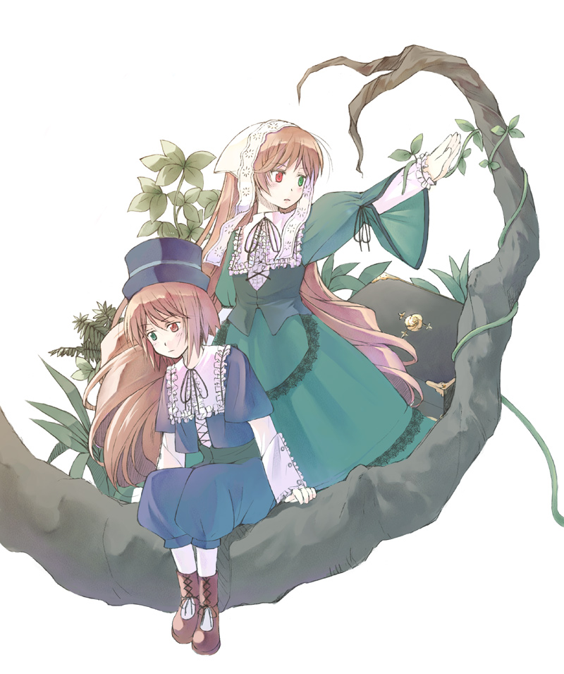 souseiseki, suiseiseki, rozen maiden, 00s, 2girls, brown hair, headscarf, heterochromia, long hair, multiple girls, pantyhose, plant, short hair, siblings, sisters, twins, vines, white headscarf