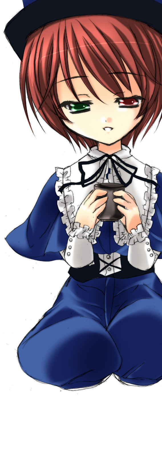 boku, setins, souseiseki, rozen maiden, highres, 00s, 1girl, blue hat, brown hair, drink, female focus, half-closed eyes, hat, heterochromia, open mouth, short hair, solo