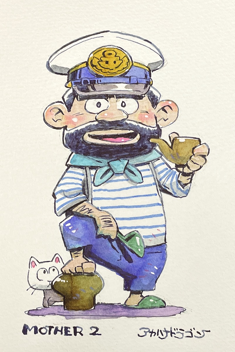 akahanadragon, mother (series), mother 2, nintendo, traditional media, 1boy, beard, black hair, blush, cat, english text, facial hair, facing viewer, flip-flops, full body, hat, japanese text, mustache, open mouth, sailor hat, sandals, scarf, shirt, shoes, shorts, smile, smoking pipe, solo, striped clothes, striped shirt, unworn shoes