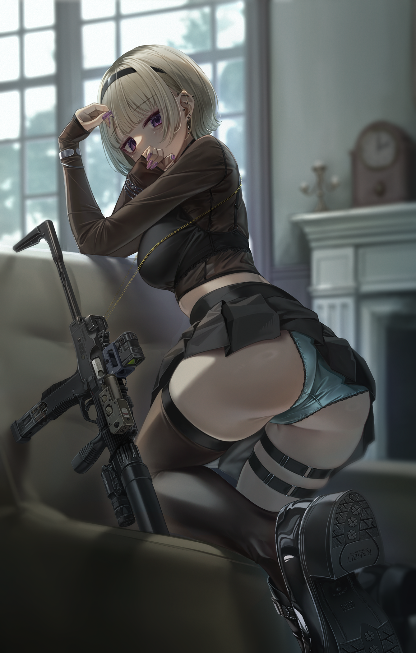 enpera (jdud8375), original, commentary, highres, symbol-only commentary, weapon request, 1girl, black shirt, black thighhighs, blonde hair, blue panties, boots, breasts, couch, cropped shirt, from behind, gun, looking at viewer, medium breasts, medium hair, midriff peek, on couch, panties, shirt, skindentation, solo, thigh strap, thighhighs, underwear, weapon