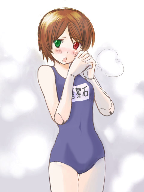 souseiseki, rozen maiden, 00s, 1girl, blush, brown hair, doll joints, female focus, heterochromia, joints, name tag, one-piece swimsuit, open mouth, school swimsuit, short hair, solo, swimsuit