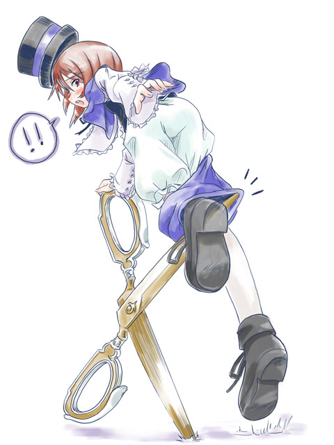boku, ugai yuichi, souseiseki, rozen maiden, !, !!, 00s, 1girl, brown hair, female focus, full body, hat, heterochromia, pantyhose, scissors, shears, short hair, solo, speech bubble, top hat, wardrobe malfunction