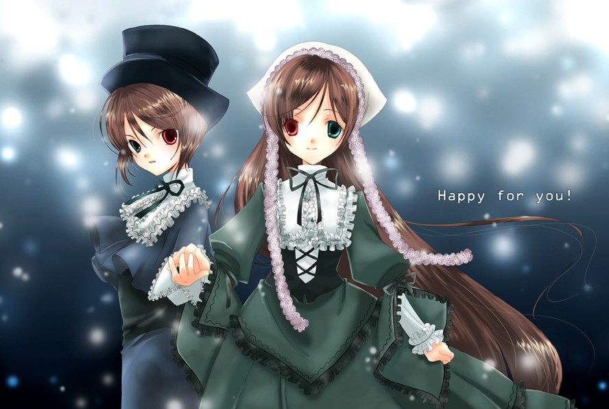 kirino kasumu, souseiseki, suiseiseki, rozen maiden, 00s, 2girls, brown hair, green eyes, hat, headscarf, heterochromia, long hair, multiple girls, red eyes, short hair, siblings, sisters, smile, twins, very long hair, white headscarf