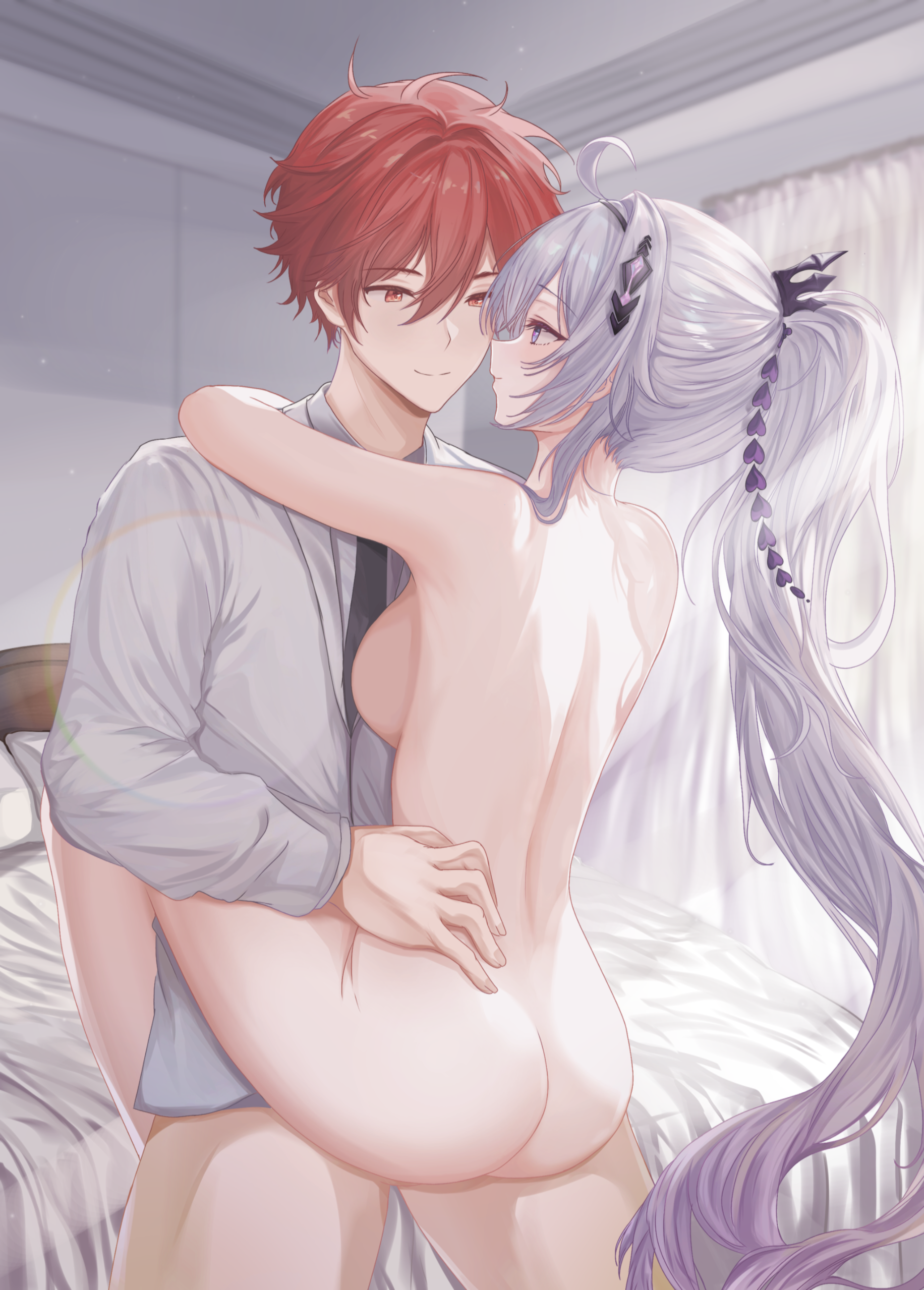 welo, captain (honkai impact), kiana kaslana, kiana kaslana (herrscher of finality), honkai (series), honkai impact 3rd, absurdres, commentary, commentary request, commission, english commentary, highres, mixed-language commentary, pixiv commission, 1boy, 1girl, ahoge, ass, bed, blue eyes, breasts, clothed male nude female, clothed sex, happy sex, heart, hetero, hug, indoors, leg lock, long hair, medium breasts, nude, ponytail, red eyes, red hair, sex, shirt, standing, standing leg lock, standing sex, very long hair, white hair, white shirt