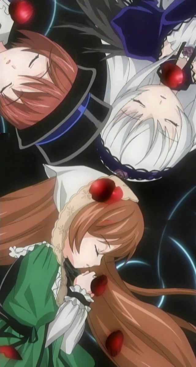 souseiseki, suigintou, suiseiseki, rozen maiden, screencap, circle formation, closed eyes, heterochromia