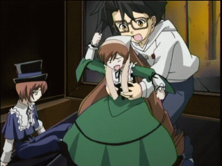sakurada jun, souseiseki, suiseiseki, rozen maiden, animated, animated gif, anime screenshot, lowres, 00s, 1boy, 2girls, headscarf, heterochromia, multiple girls, qvga, siblings, sisters, twins, white headscarf