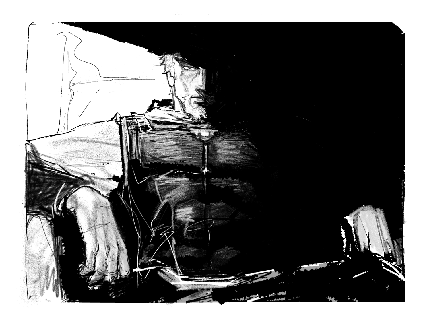 flrrrrr222222, askeladd, vinland saga, 1boy, armor, border, breastplate, closed mouth, facial hair, goatee, greyscale, leather armor, looking at viewer, male focus, mature male, monochrome, partially shaded face, short hair, sitting, sketch, solo, upper body, white border