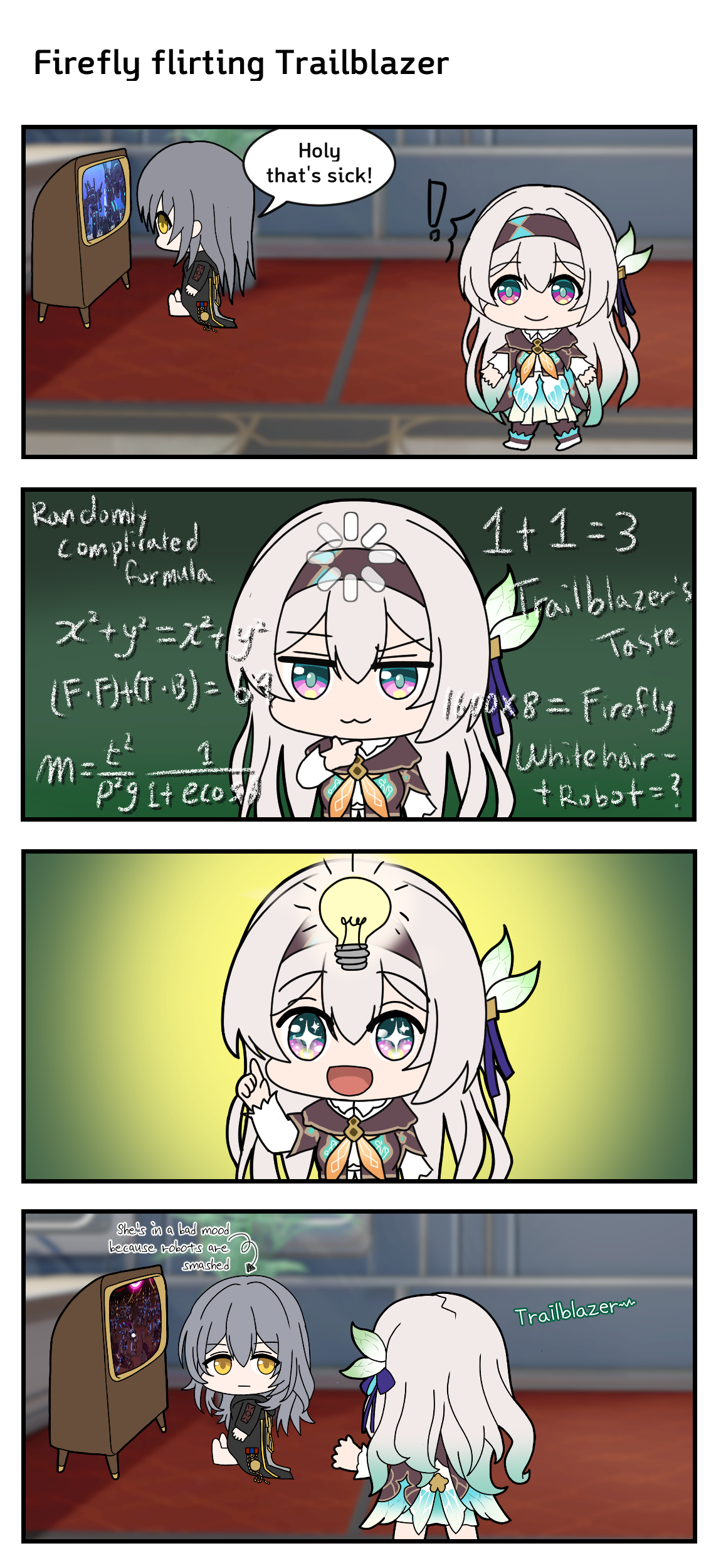 firefly (honkai: star rail), stelle (honkai: star rail), trailblazer (honkai: star rail), honkai: star rail, honkai (series), absurdres, highres, + +, 2girls, :3, aqua dress, blue ribbon, brown hairband, brown jacket, dress, english text, gradient hair, green pupils, grey hair, hair between eyes, hair intakes, hair ornament, hair ribbon, hairband, hand on own chin, jacket, light bulb above head, loading icon, multicolored hair, multiple girls, neckerchief, orange neckerchief, ribbon, television, user xjsm5353