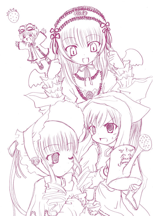 hinaichigo, shinku, suigintou, suiseiseki, rozen maiden, 00s, 4girls, :d, bonnet, clenched hands, cup, dress, drill hair, flying, food, fruit, hairband, heterochromia, lolita hairband, long sleeves, looking at another, monochrome, multiple girls, one eye closed, open mouth, outstretched arms, ribbon, saucer, simple background, smile, strawberry, sweatdrop, twin drills, twintails, watering can, white background, wings